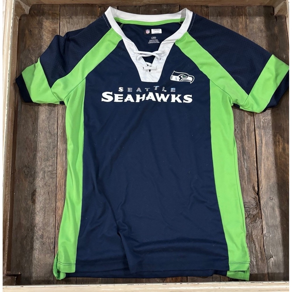 NFL Team Apparel Seattle Seahawks Women Navy Green Lace Up Athletic Shirt L